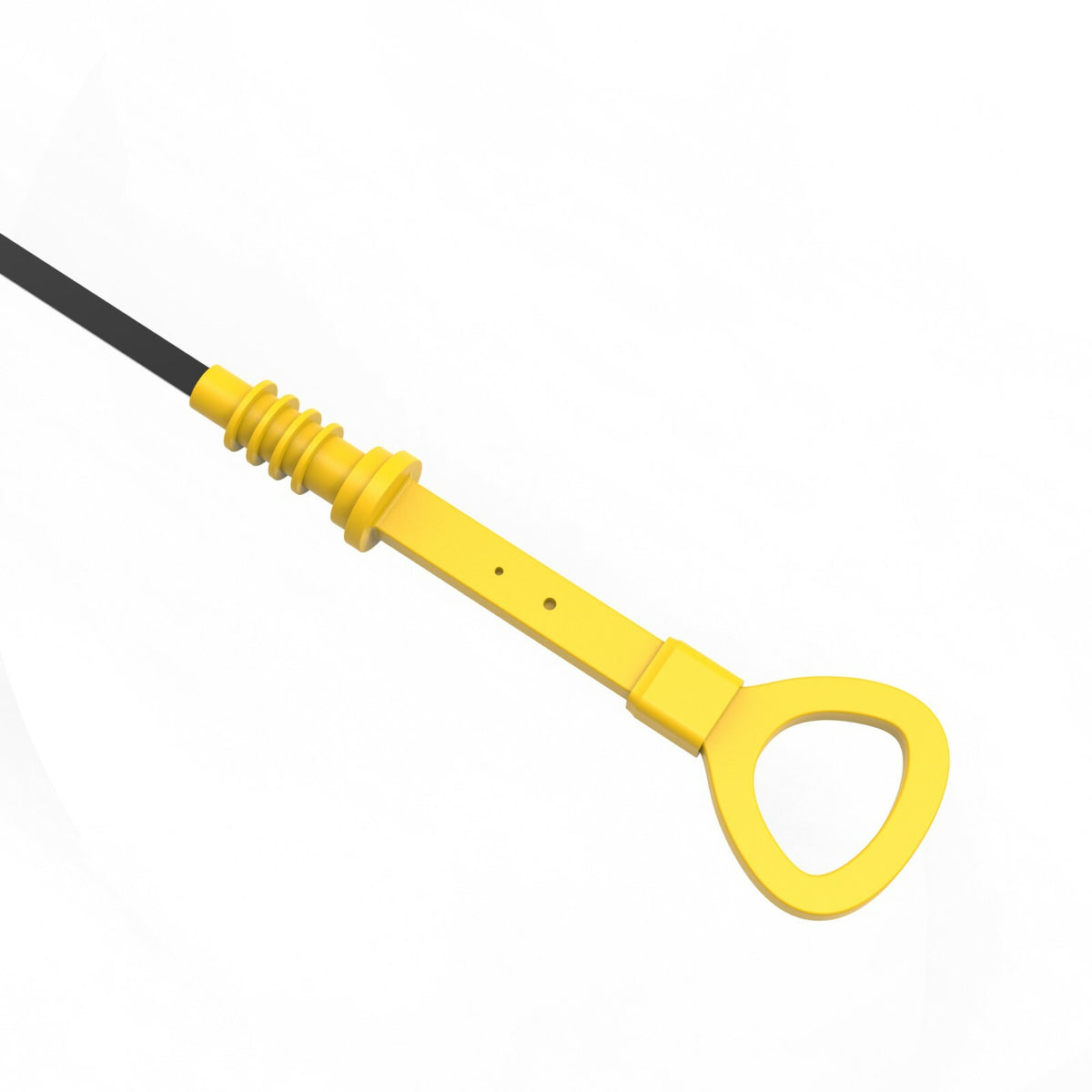 Long yellow dipstick handle on a black dipstick, angled from below