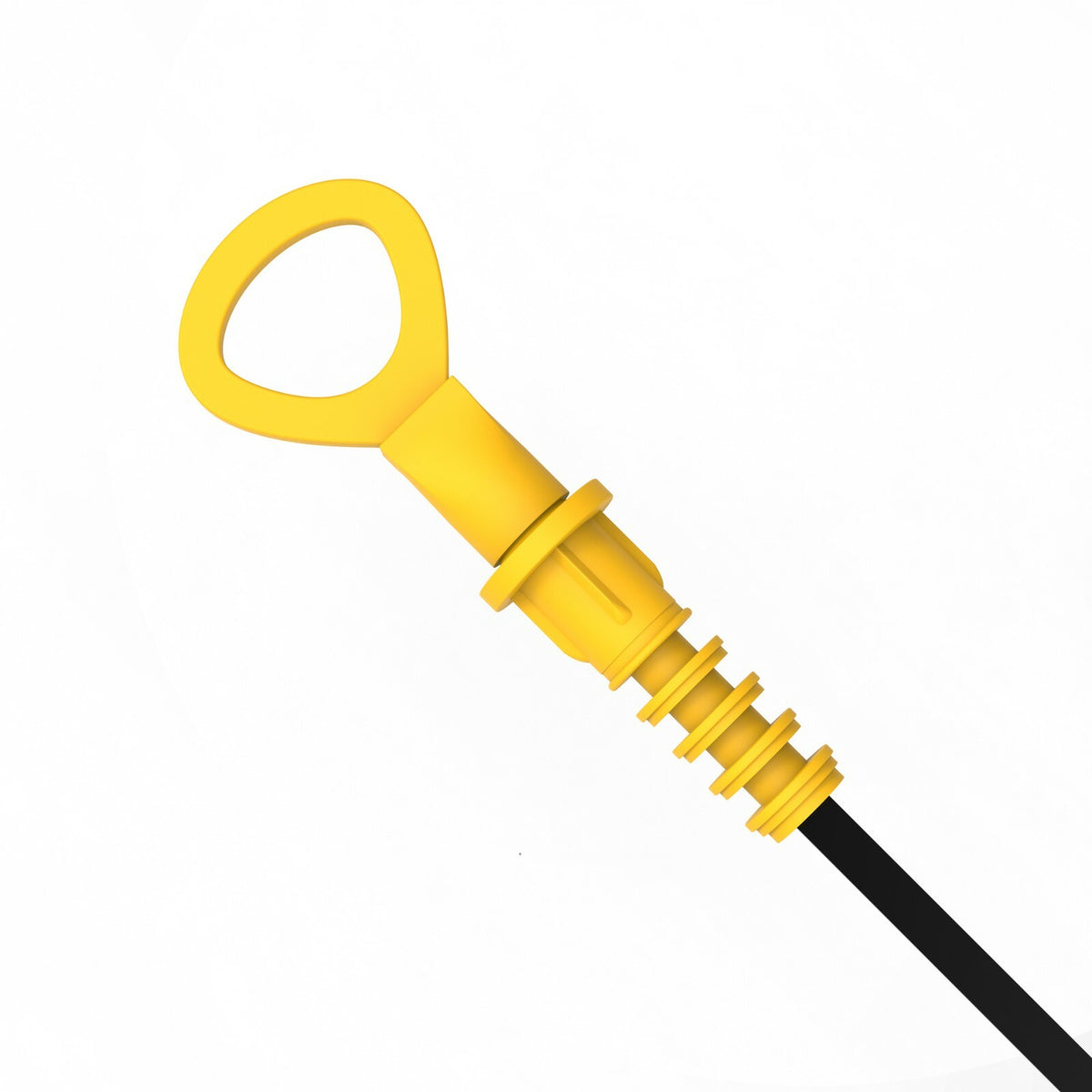 Yellow dipstick handle with ribbed collar on a black dipstick, angled from above