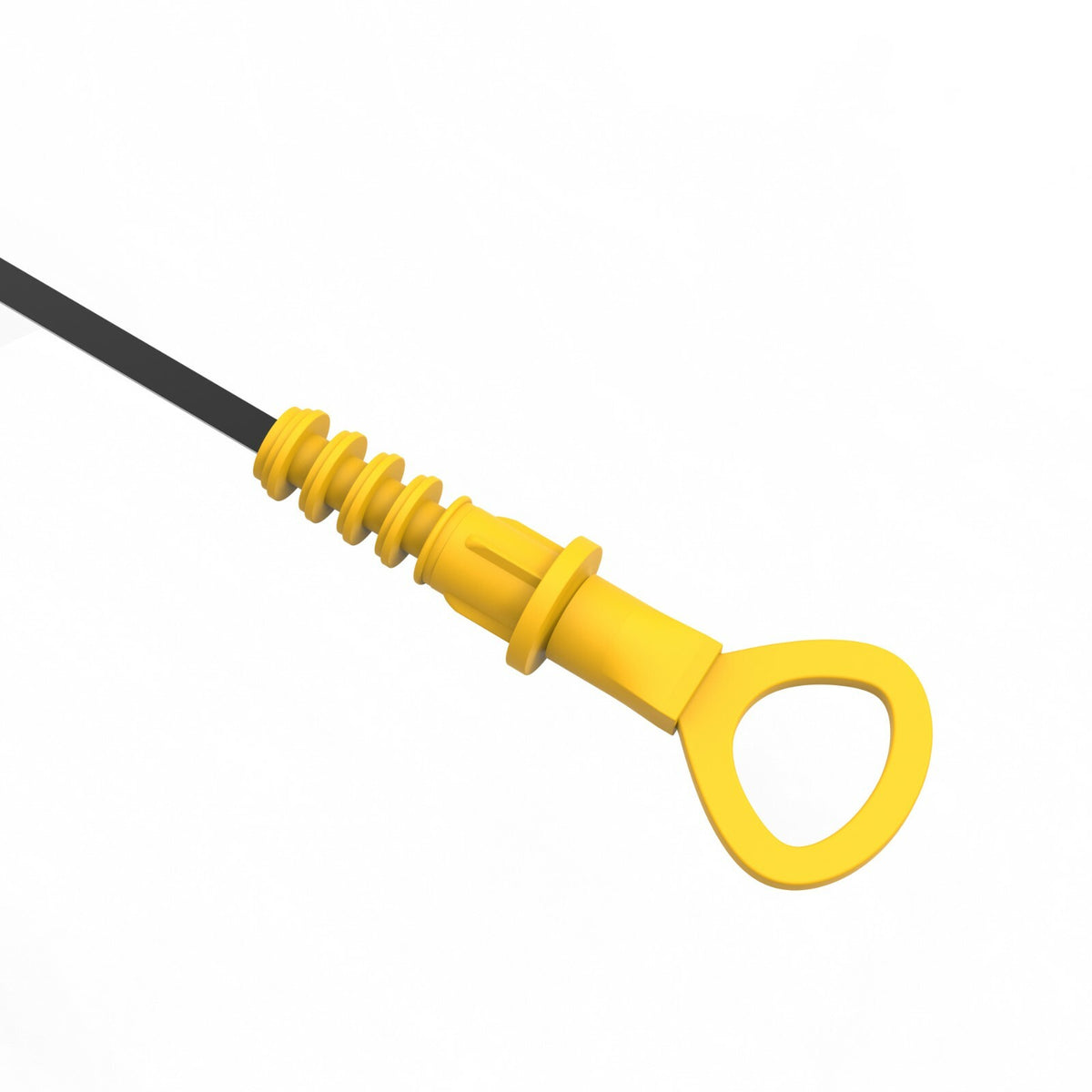 Yellow dipstick handle repair end on a black dipstick, angled from below