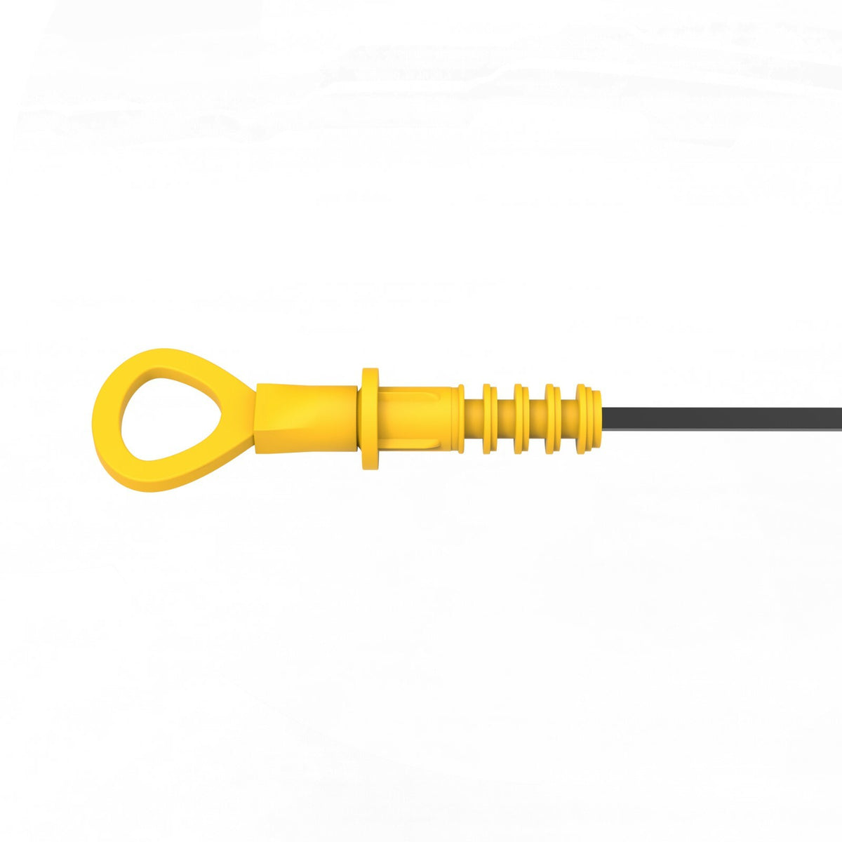 Yellow dipstick handle fitted to the end of a black dipstick, side view