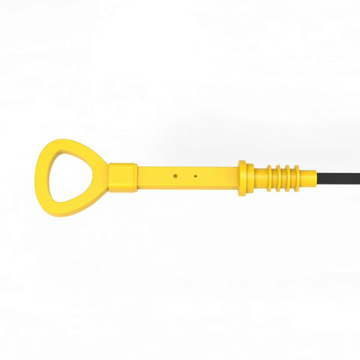 Long yellow dipstick handle with ribbed collar fitted to a black dipstick, side view