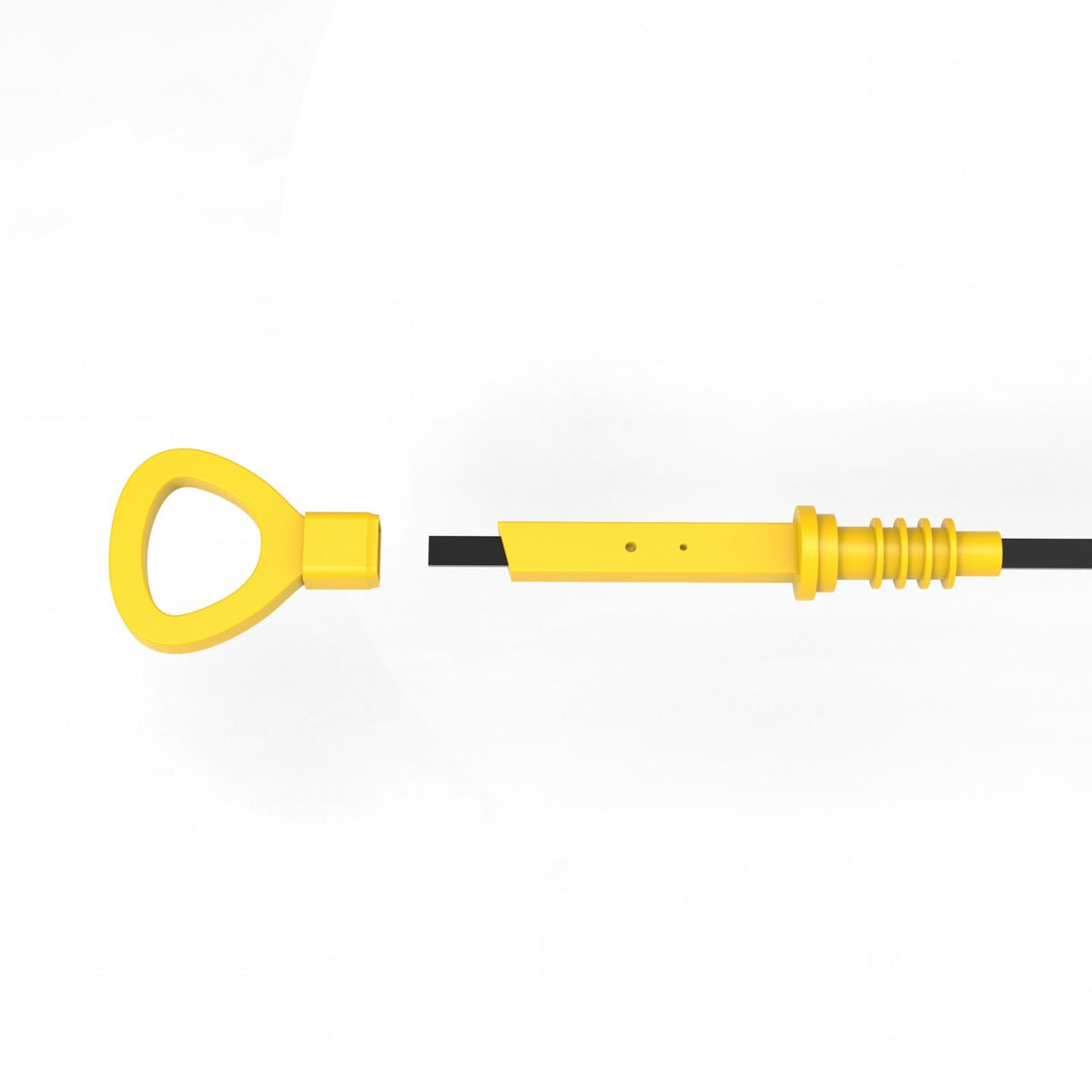 Long yellow dipstick handle shown apart from its collar and dipstick end