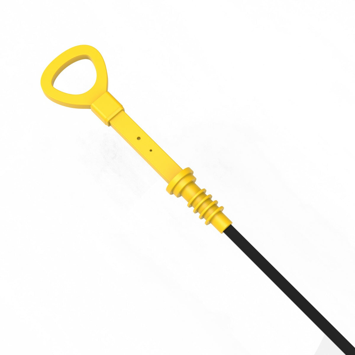 Long yellow dipstick handle on a black dipstick, angled from above